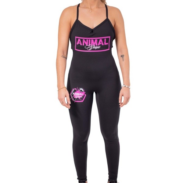 COMBINAISON Fitness - Noir Logo Flashy Pink